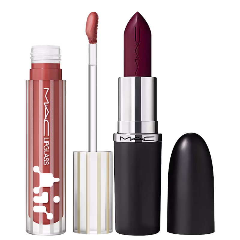 Kit M·A·C MACximal Satin Guessing Game + Lipglass Airshine Casual, 2 produtos.
