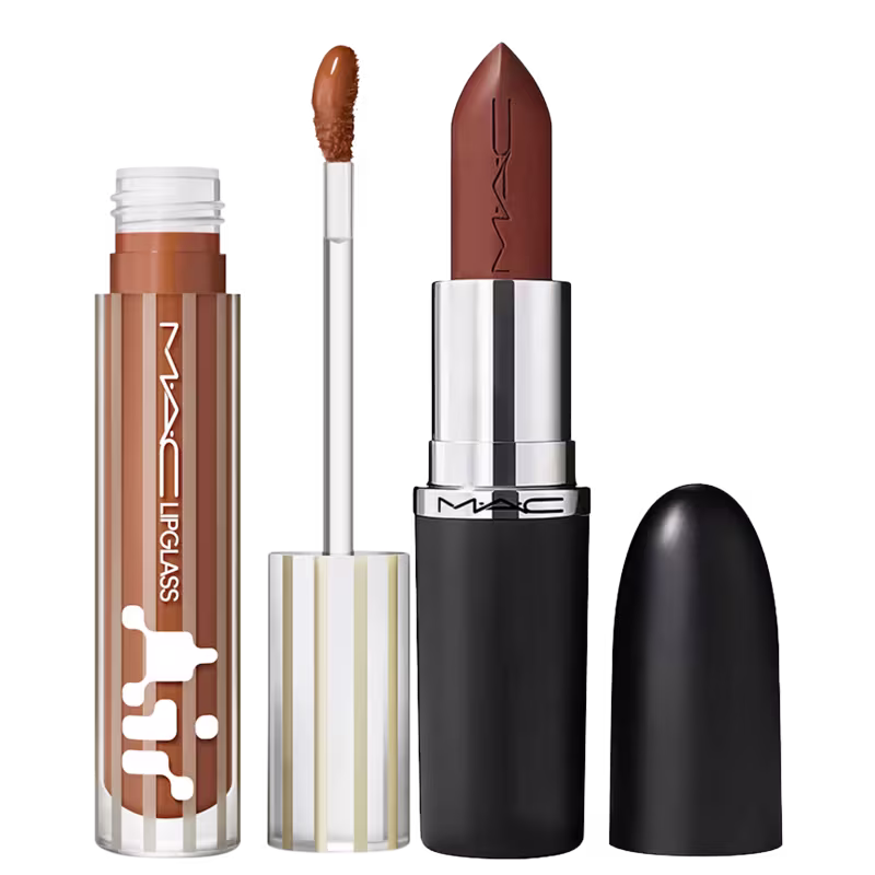 Kit M·A·C MACximal Satin Truth Be Untold + Lipglass Airshine Instinct, 2 produtos.