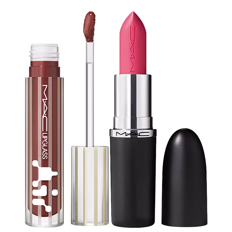 Kit M·A·C MACximal Satin Grapefruit Pucker + Lipglass Airshine Aesthetic, 2 produtos.