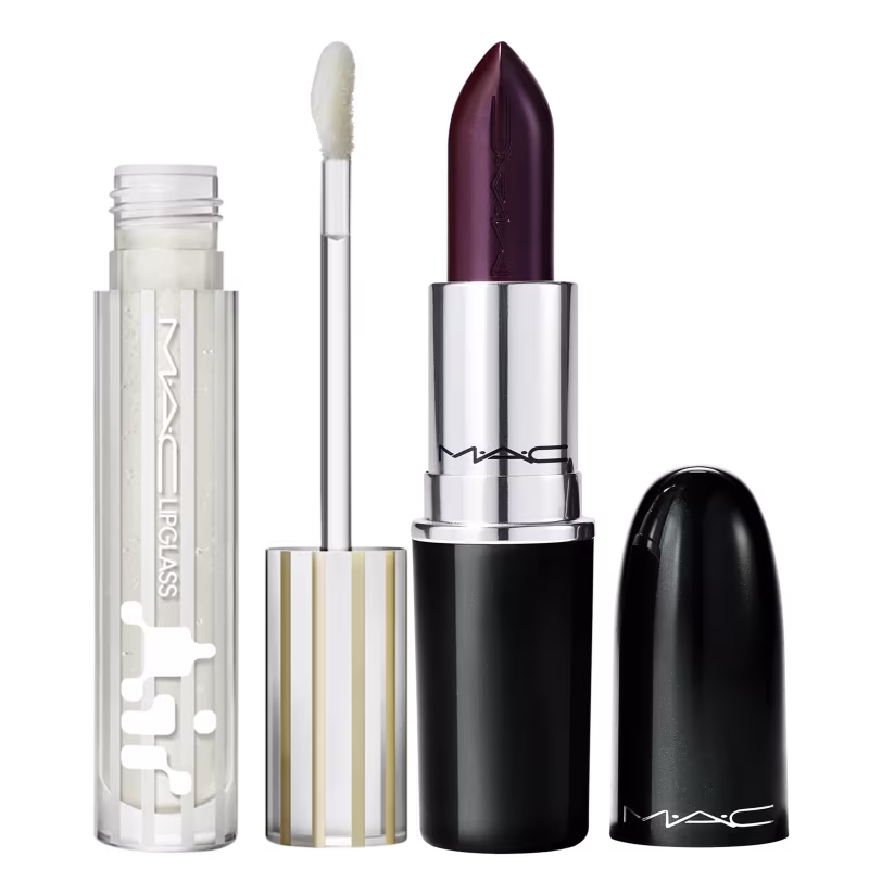 Kit M·A·C Lustreglass Succumb To Plum + Lipglass Airshine Zephyr, 2 produtos.
