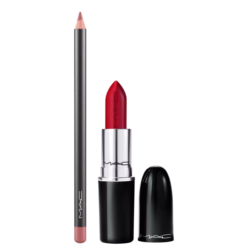 Kit M·A·C Lustreglass Flustered + Lip Pencil Boldly Bare, 2 produtos.
