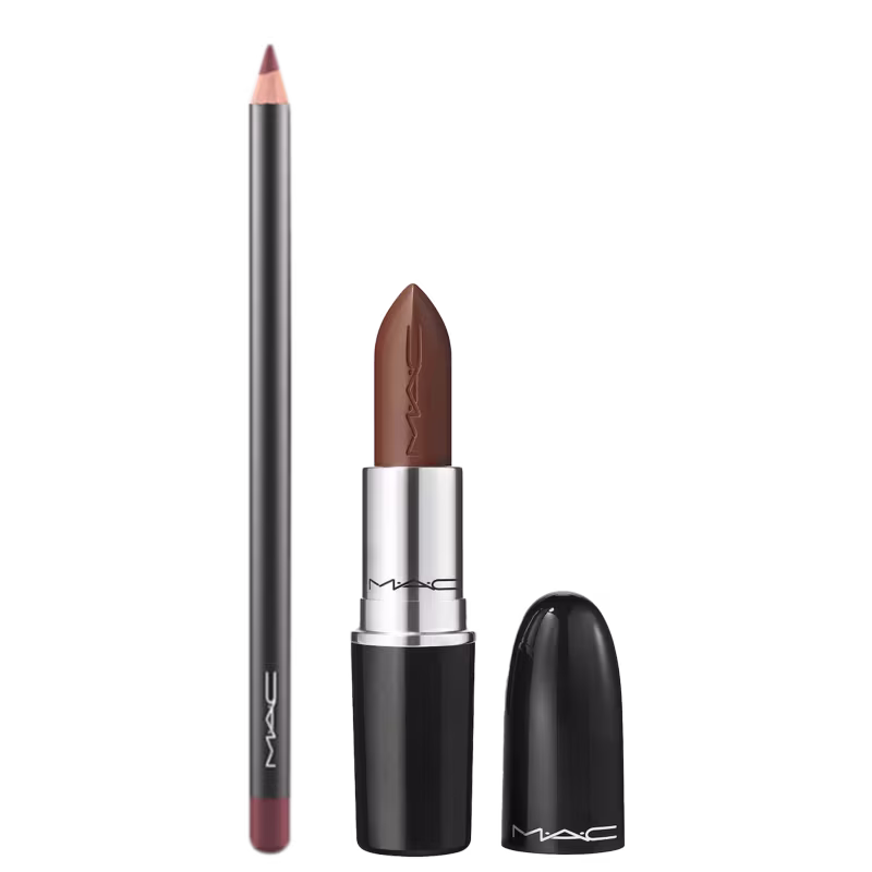 Kit M·A·C Lustreglass Uncensored + Lip Pencil Mahogany, 2 produtos.