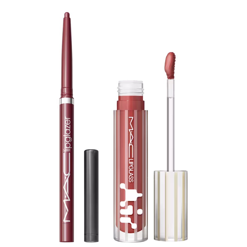 Kit M.A.C Lipglass Airshine Casual + Lipglazer Glossy Liner Whirlin, 2 produtos.