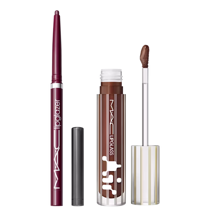 Kit M.A.C Lipglass Airshine Quality + Lipglazer Glossy Liner Nightmoth, 2 produtos.