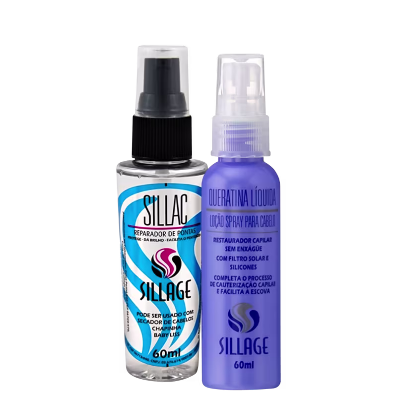 O produto Sillage apresenta dois itens: um frasco preto com bomba e um frasco azul com borrifador, ambos com rótulos indicando o nome da marca e o tipo de produto, um reparador de pontas e um spray para cabelo.