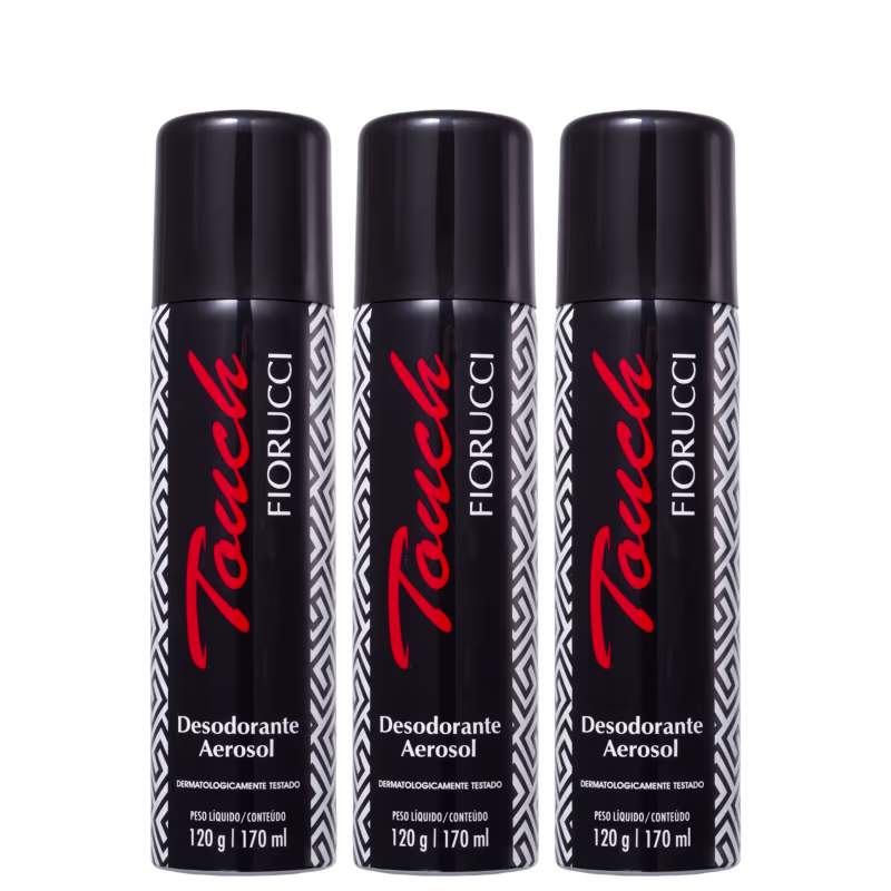 Três frascos de desodorante aerossol da marca Fiorucci, com embalagem preta e vermelha, exibindo o nome da marca em destaque. Os frascos possuem 170 ml de conteúdo líquido.