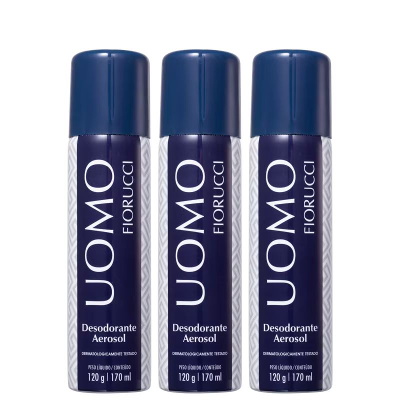 Três frascos de desodorante aerossol da marca Fiorucci, com embalagem azul escura e branca, contendo 170 ml cada. O rótulo apresenta o nome da marca em destaque.