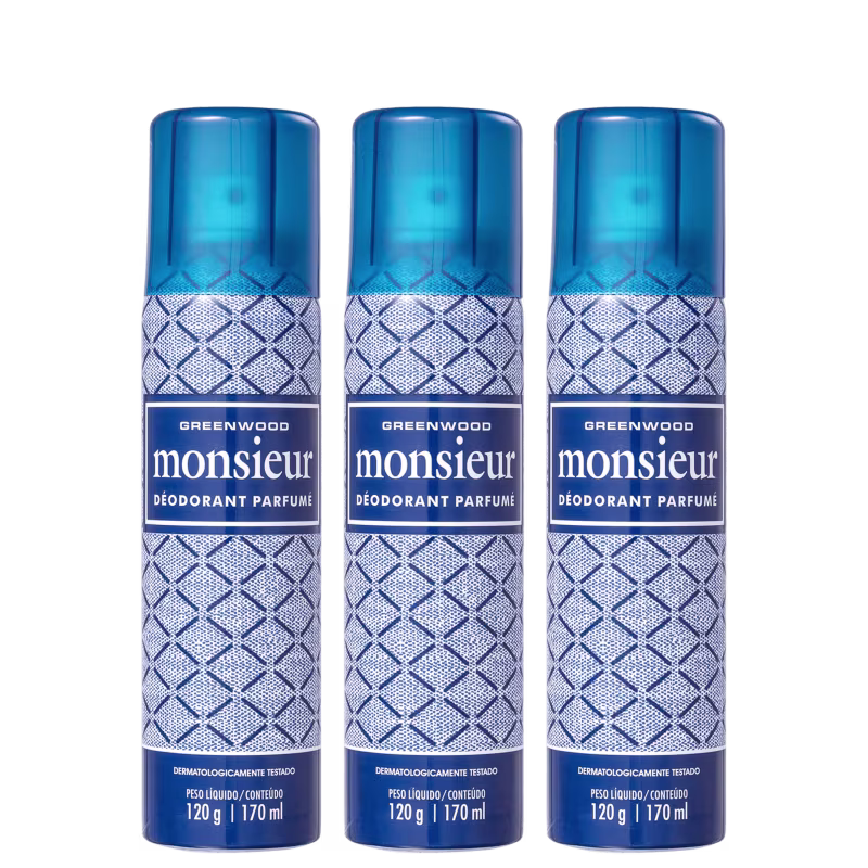 Três frascos de desodorante perfumado Monsieur da marca Greenwood, com embalagem azul e branca, apresentando um padrão geométrico. Cada frasco contém 170 ml do produto.