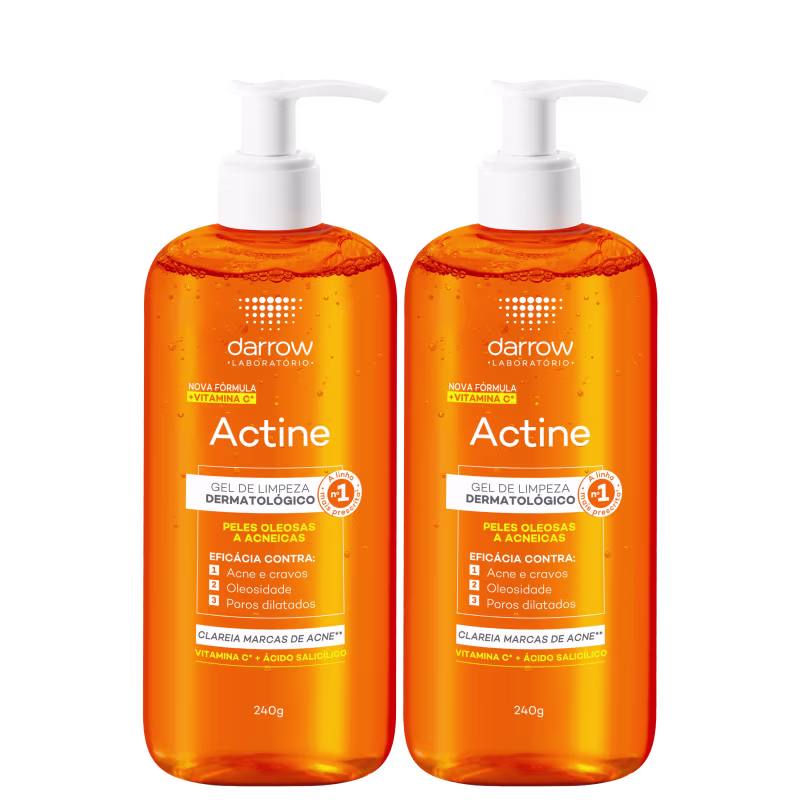 Dois frascos de gel de limpeza dermatológico Darrow Actine, com 240g cada, em embalagem laranja com rótulos brancos destacando a fórmula com vitamina C e ácido salicílico, indicada para peles oleosas e acneicas.