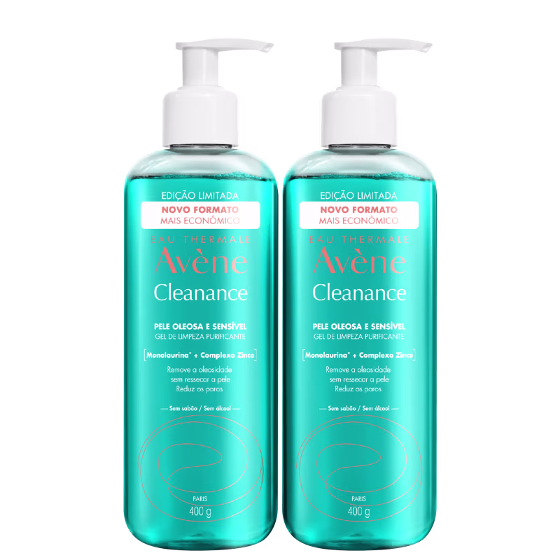 Dois frascos de gel de limpeza purificante Avène Cleanance, em embalagem de edição limitada com novo formato mais econômico, contendo 400g cada.