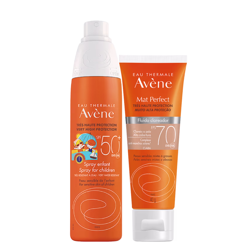 Kit Avène Spray Enfant FPS50 + Mat Perfect FPS70 Claro, 2 produtos.