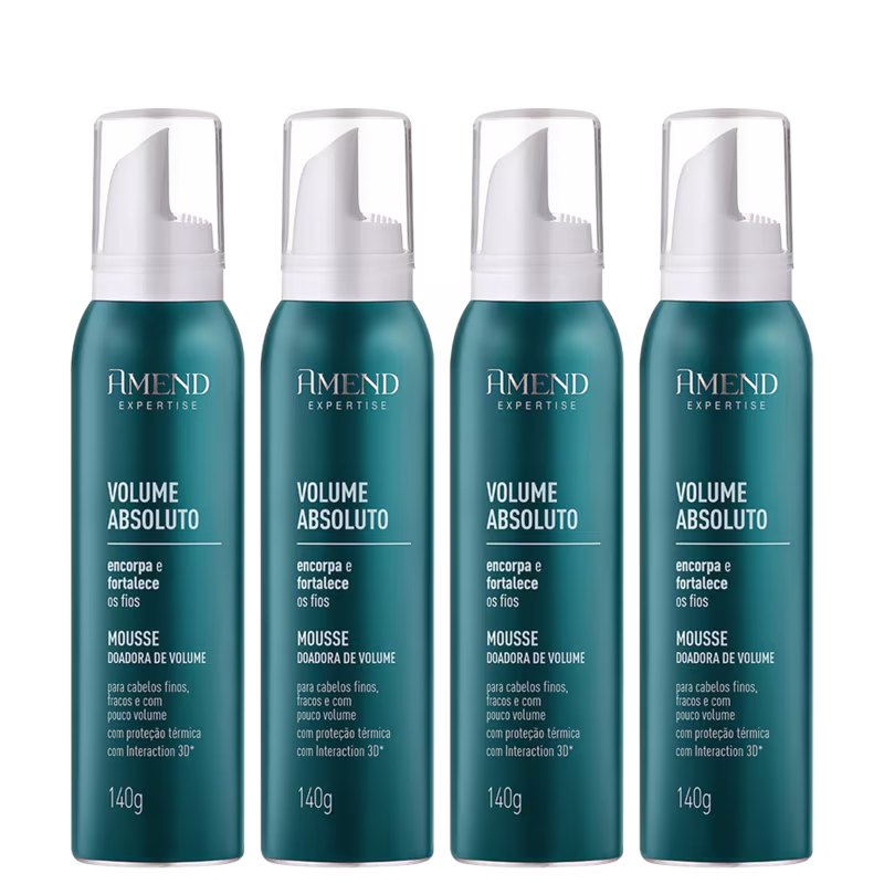 Quatro frascos de mousse volumizadora da linha Volume Absoluto da marca Amend Cosméticos, com embalagem plástica branca e azul-esverdeada, contendo 140g cada.
