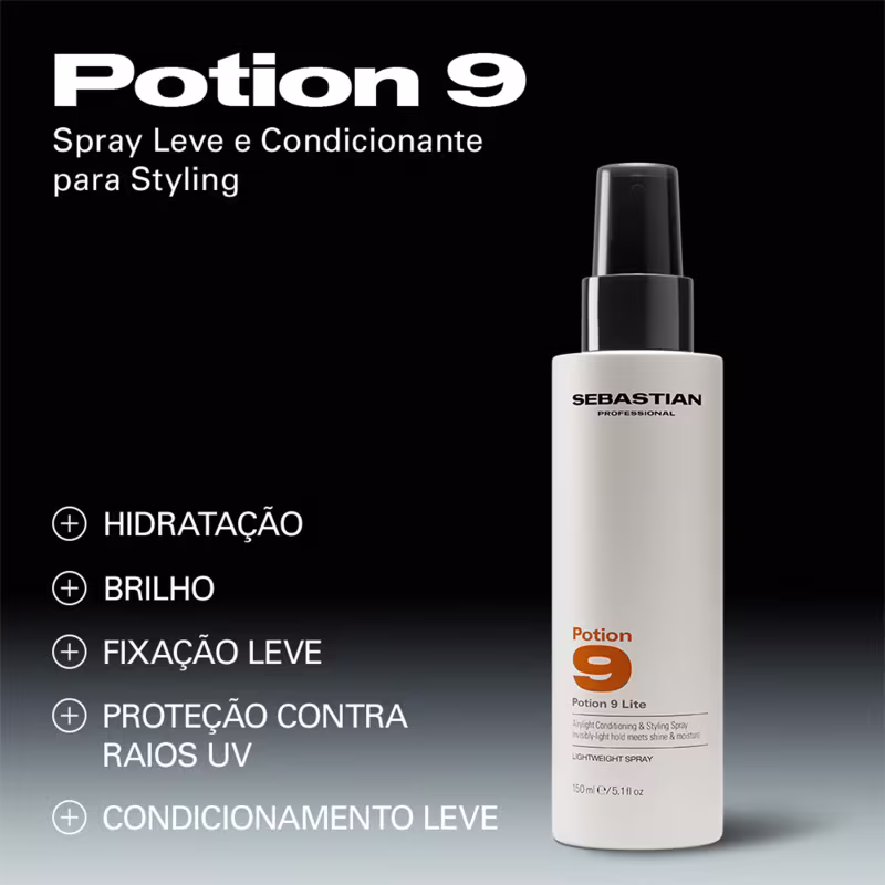 Potion 9 Spray Leve e Condicionante para Styling, da marca Sebastian Professional, com hidratação, brilho, fixação leve, proteção contra raios UV e condicionamento leve.