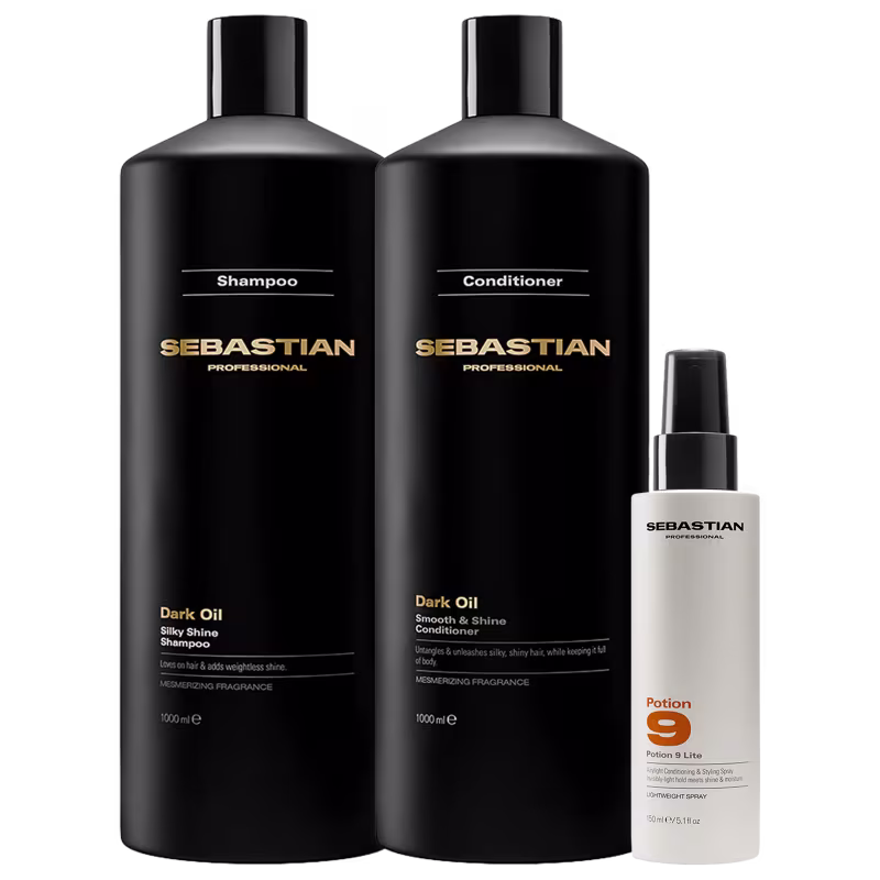 Conjunto de produtos de cabelo da marca Sebastian Professional, incluindo shampoo, condicionador e spray de styling, em embalagens pretas com detalhes dourados. Os frascos possuem design elegante e moderno.