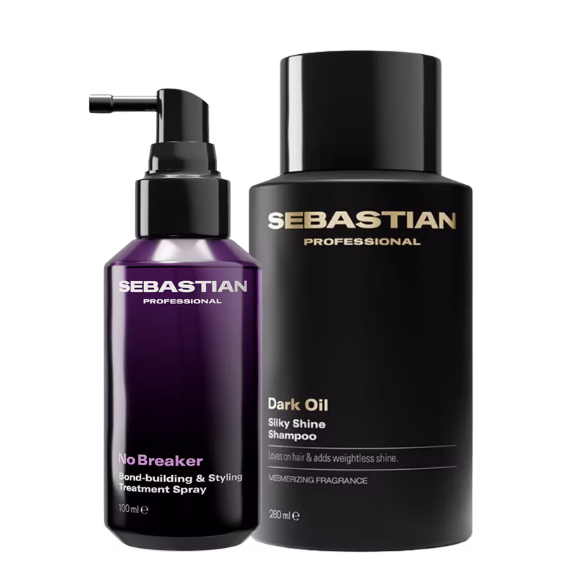 Dois produtos da marca Sebastian Professional: um frasco roxo de 100 ml contendo "No Breaker Bond-building & Styling Treatment Spray" e um frasco preto de 280 ml contendo "Dark Oil Silky Shine Shampoo".