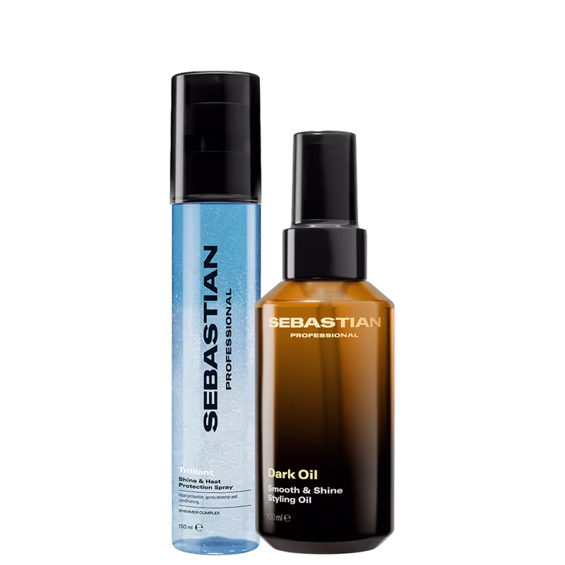 Dois frascos de produtos de beleza da marca Sebastian Professional. Um frasco azul contém um spray de proteção térmica e brilho, e o outro frasco marrom contém um óleo de penteado para suavidade e brilho.