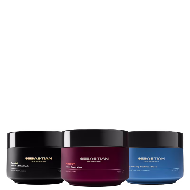 Três frascos de produtos de beleza da marca Sebastian Professional, com embalagens pretas, vermelhas e azuis. Cada frasco contém uma máscara de tratamento para cabelos, com rótulos indicando os nomes dos produtos.