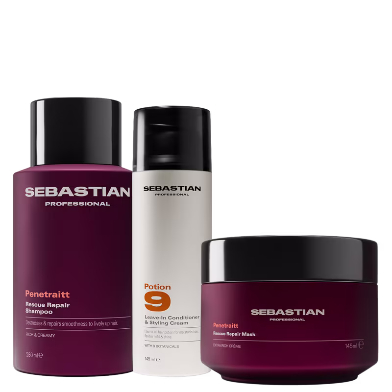 Três produtos da marca Sebastian Professional: um frasco de shampoo Penetraitt Rescue Repair, um tubo de condicionador Potion 9 e um pote de máscara Penetraitt Rescue Repair, todos em embalagens pretas e vermelhas com o logotipo da marca.