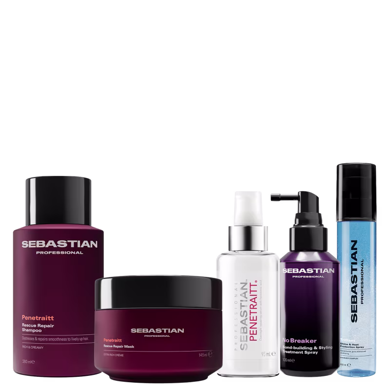 Produtos de beleza da marca Sebastian Professional, incluindo shampoo, máscara, sérum e spray para cabelos. As embalagens apresentam cores predominantes de vermelho, roxo e azul, com rótulos e textos identificando os diferentes produtos.