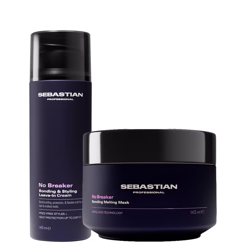 Dois produtos da marca Sebastian Professional: um frasco preto com rótulo roxo e branco, e um pote preto com rótulo roxo e branco. Os produtos são chamados "No Breaker Bonding & Styling Leave-in Cream" e "No Breaker Bonding Melting Mask", respectivamente.