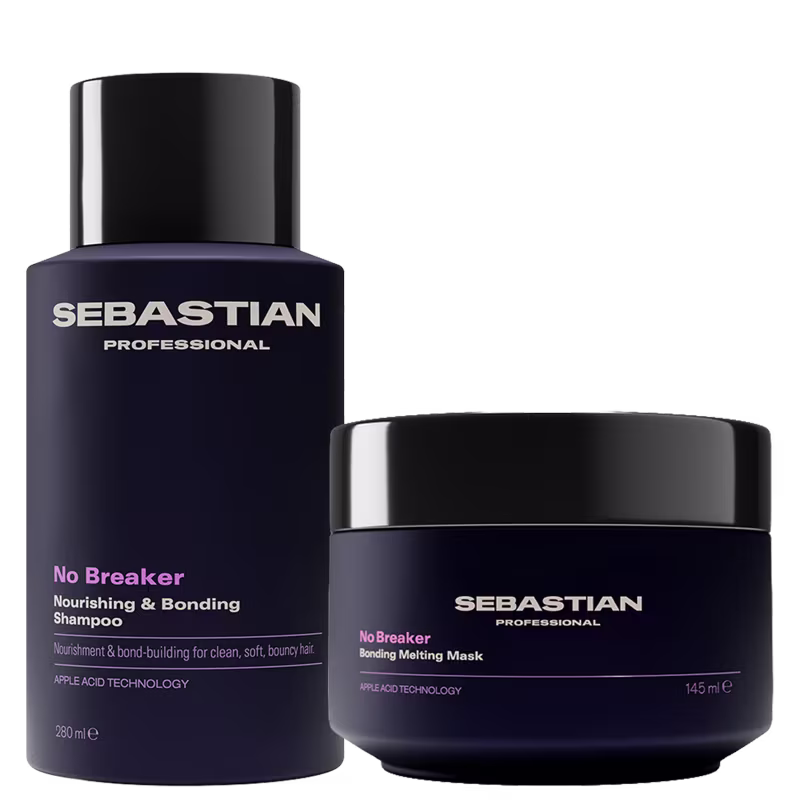 Dois produtos da marca Sebastian Professional: um frasco preto de shampoo "No Breaker" e um pote preto de máscara capilar "No Breaker Bonding Melting Mask". Ambos os produtos apresentam a marca "Sebastian Professional" em destaque.