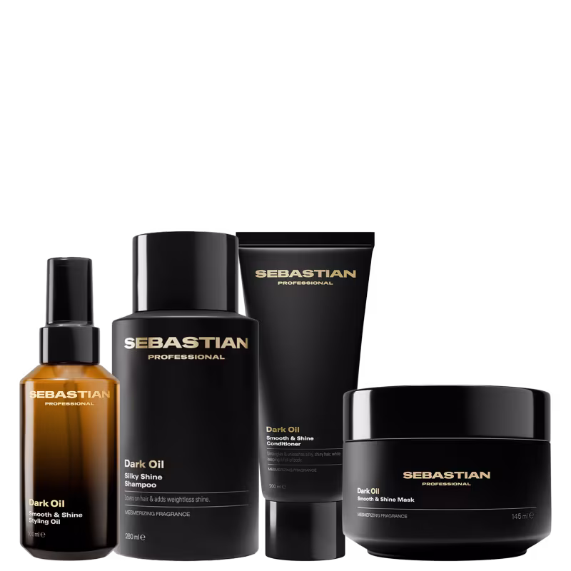 Conjunto de produtos da marca Sebastian Professional, incluindo shampoo, condicionador, máscara e óleo em embalagens pretas com detalhes dourados, apresentando a linha "Dark Oil" para cabelos.