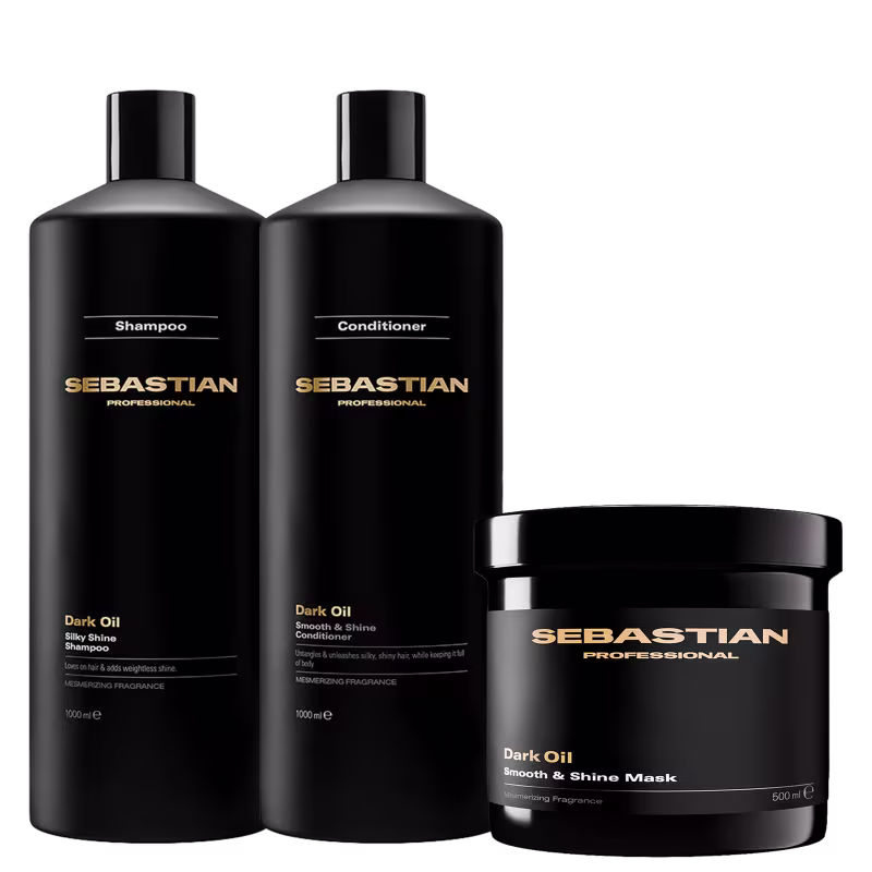 Três produtos da marca Sebastian Professional: um frasco de shampoo, um frasco de condicionador e um pote de máscara, todos em embalagens pretas com detalhes dourados, exibindo o nome da marca.
