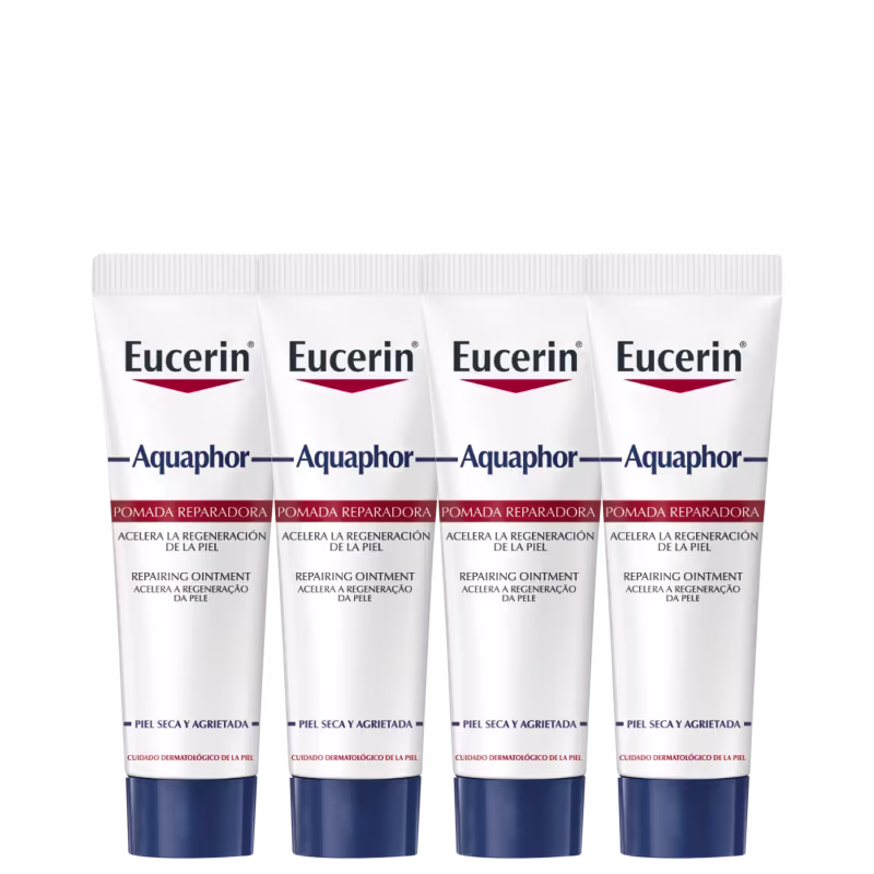 Quatro tubos de pomada reparadora da marca Eucerin Aquaphor, com rótulos em branco e azul, indicando 10ml cada.