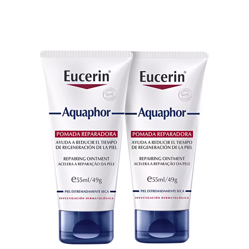 Dois tubos de pomada reparadora Eucerin Aquaphor, com embalagem branca e azul, contendo 55ml/49g cada. O rótulo destaca o nome da marca e o produto "Pomada Reparadora"