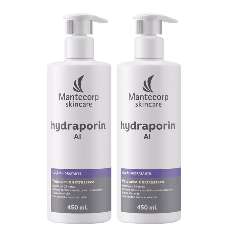 Dois frascos brancos de 450 mL da linha Mantecorp Skincare, contendo o produto "Hydraporin AI", uma loção hidratante para pele seca e extrasseca.