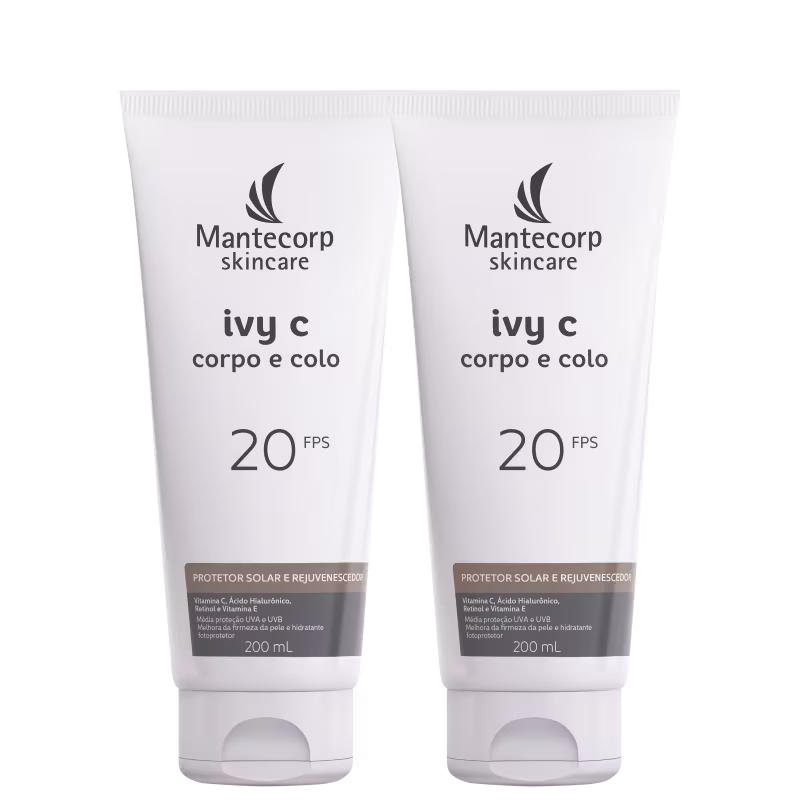 Dois frascos do produto Mantecorp Skincare Ivy C Corpo e Colo com FPS 20, em embalagem branca com logotipo da marca e informações sobre o produto, volume de 200ml cada.