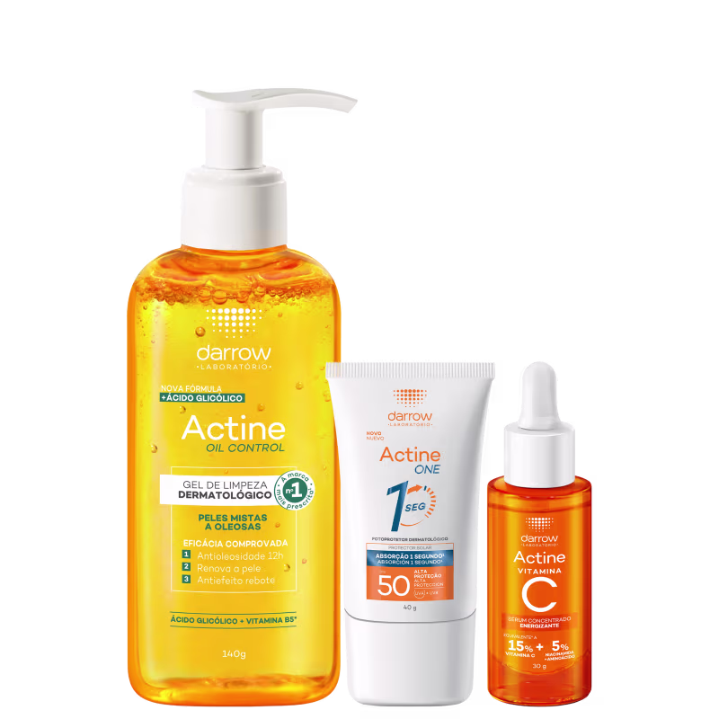 Produtos da linha Actine da Darrow: gel de limpeza dermatológico, protetor solar FPS 50 e sérum concentrado de vitamina C, em embalagens de plástico brancas e laranja.