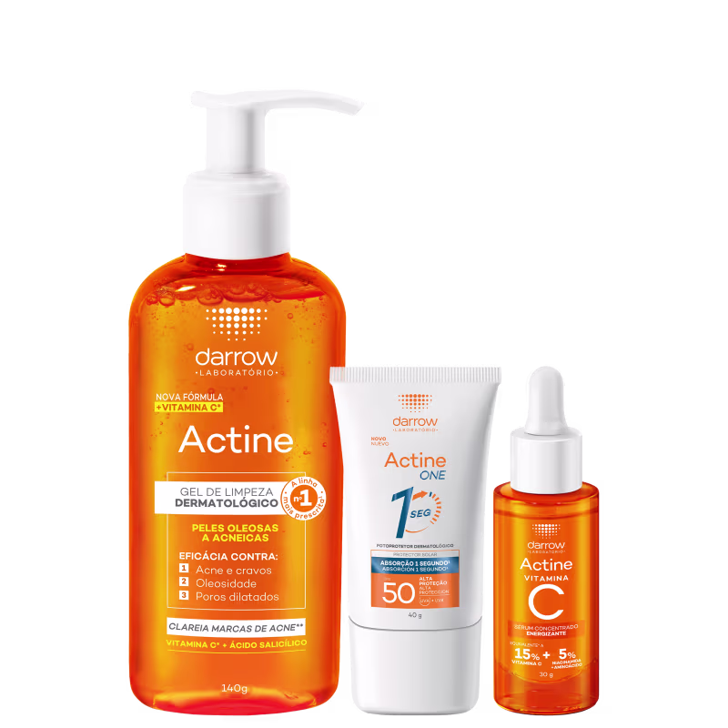 Produtos da linha Actine da Darrow: gel de limpeza dermatológico, protetor solar Actine One FPS 50 e sérum concentrado de vitamina C, em embalagens com cores predominantes laranja e branca.