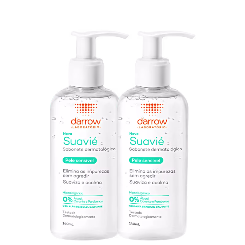 Dois frascos de sabonete dermatológico Darrow Suavie, de 140ml cada, para pele sensível, com bombas dosadoras brancas.