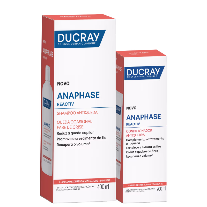 Dois produtos da marca Ducray: um frasco de shampoo Anaphase Reactiv de 400 ml e um frasco de condicionador Anaphase Reactiv de 200 ml, ambos em embalagens de cores branca e laranja.