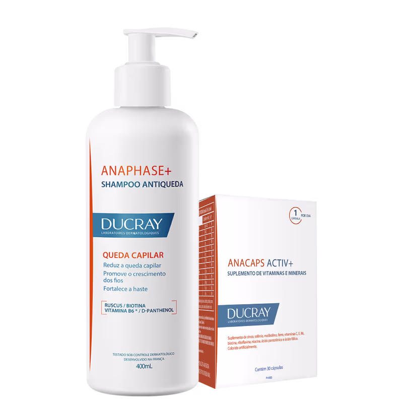 Shampoo antiqueda Anaphase+ da Ducray em frasco branco de 400ml com bomba dosadora e caixa laranja contendo suplemento Anacaps Activ+ da mesma marca.