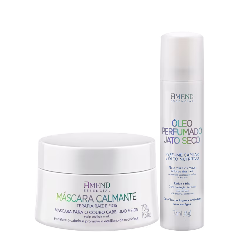 Amend Essencial apresenta um frasco branco de óleo perfumado para cabelo seco e uma embalagem branca de máscara calmante para couro cabeludo e fios, com textos e rótulos em português.