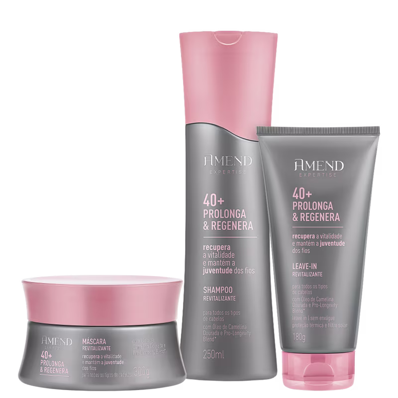 Conjunto de produtos Amend Cosméticos 40+ Prolonga & Regenera, incluindo shampoo revitalizante, leave-in revitalizante e máscara revitalizante em embalagens rosa e cinza.