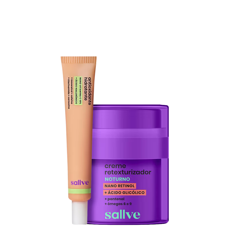 Creme retexturizador noturno Sallve 30g com nano retinol, ácido glicólico, pantenol e ômega 6 e 9, em embalagem roxa e tubo laranja com sérum gel facial de 35h.