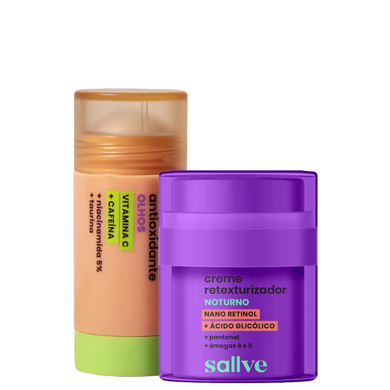 Dois produtos de beleza da marca Sallve: um bastão para área dos olhos em embalagem laranja e um creme retexturizador noturno em embalagem roxa, contendo ingredientes como nano retinol, ácido glicólico e ômegas 6 e 9.