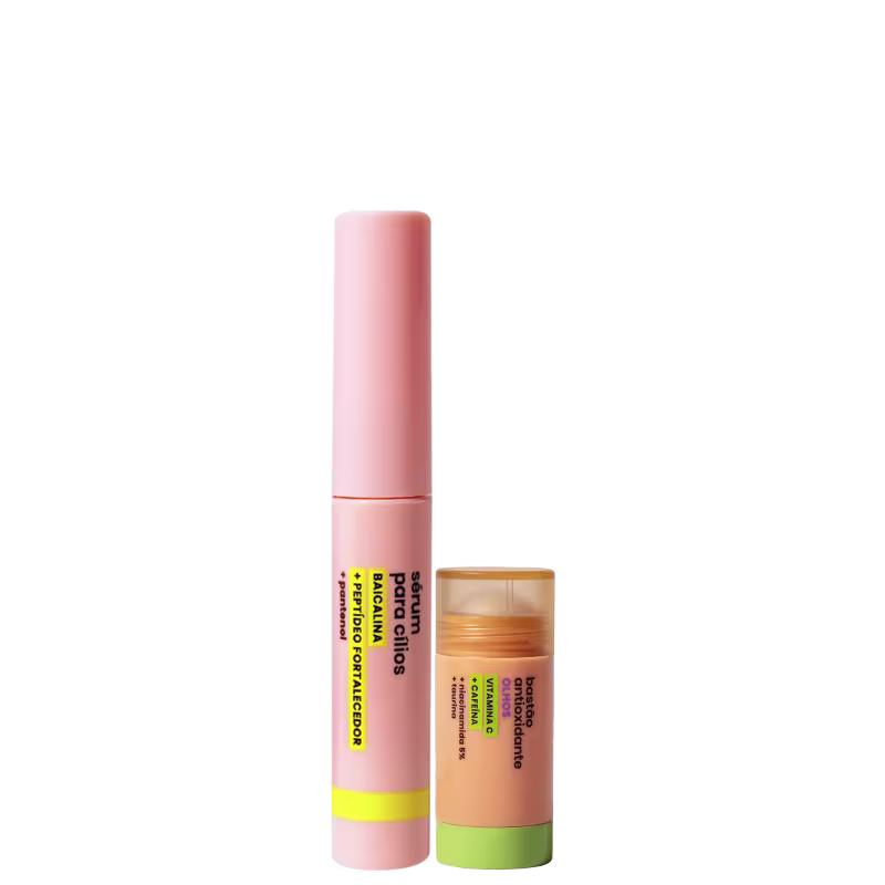 Dois produtos de beleza da marca Sallve: um batom rosa em embalagem cilíndrica e um creme facial em embalagem redonda com cores laranja e verde. Ambos apresentam rótulos com o nome da marca e informações sobre os produtos.