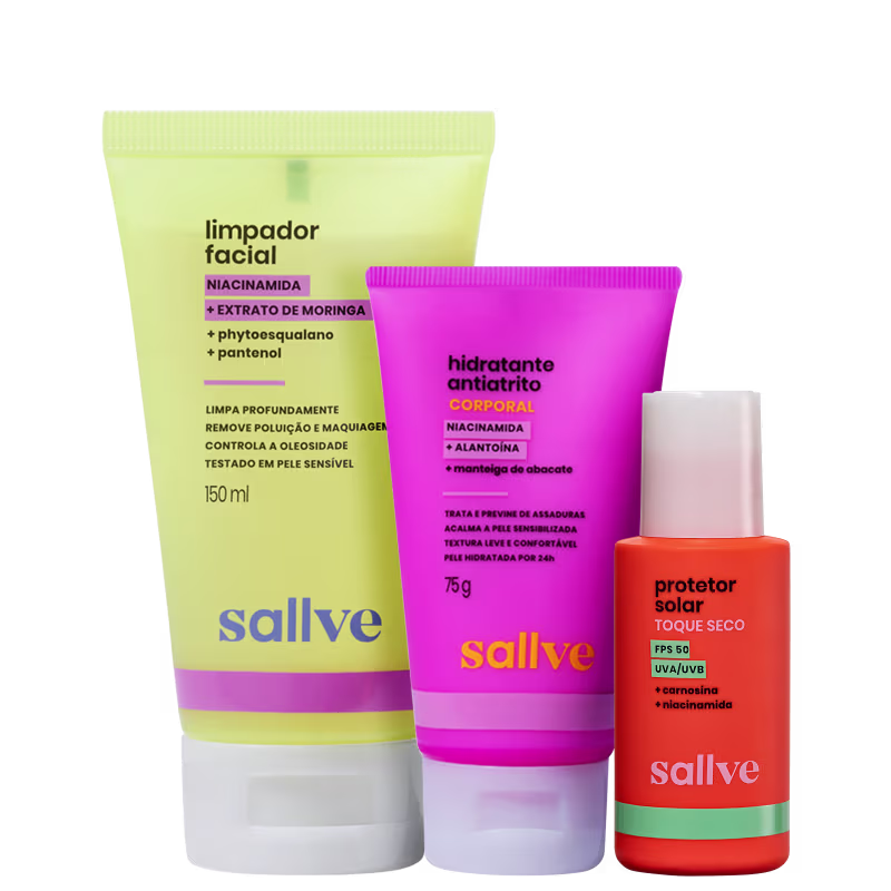 Três produtos da marca Sallve: um limpador facial em embalagem verde, um hidratante antiátrito em embalagem rosa e um protetor solar em embalagem laranja, todos com rótulos e informações visíveis.