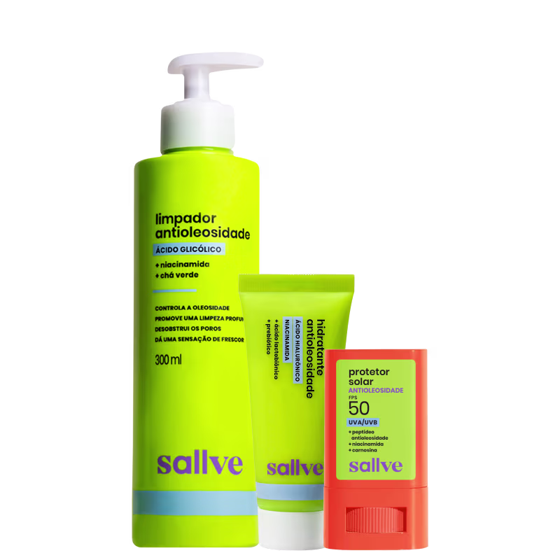 Produtos de beleza da marca Sallve: um frasco de 300 ml de limpador antioleosidade com ácido glicólico, nicotinamida e chá verde; um tubo de hidratante antioleoside; e um protetor solar antioleosidade FPS 50 em embalagem compacta.