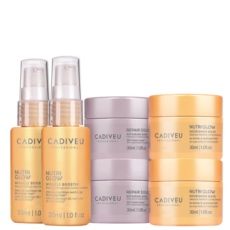 Conjunto de produtos Cadiveu Professional, incluindo dois frascos de Nutri Glow Miracle Booster, dois potes de Repair Solv Repairing Mask e dois potes de Nutri Glow Nourishing Mask, em embalagens de 30ml cada