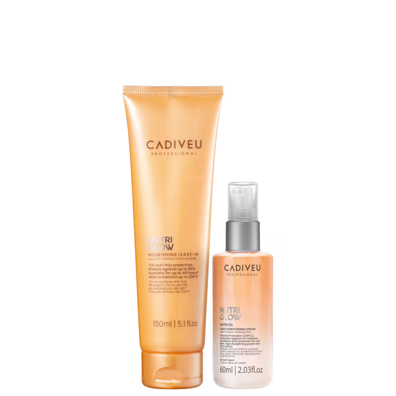 Dois produtos da marca Cadiveu Professional: um frasco de condicionador leave-in Nutri Glow de 150ml e um frasco de sérum capilar Nutri Oil de 60ml, ambos em embalagens com cores predominantes de laranja e prata.