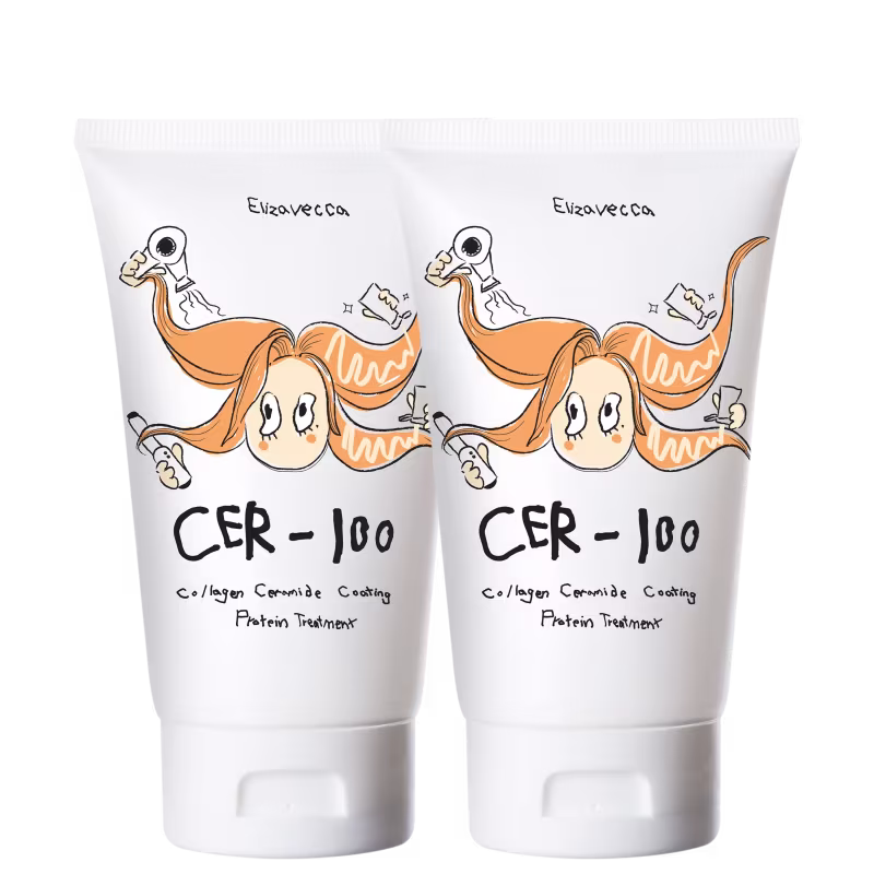 A imagem mostra duas unidades da máscara da marca Elizavecca: tubo branco com ilustração de personagem e texto "CER-100 Collagen Ceramide Coating Protein Treatment".