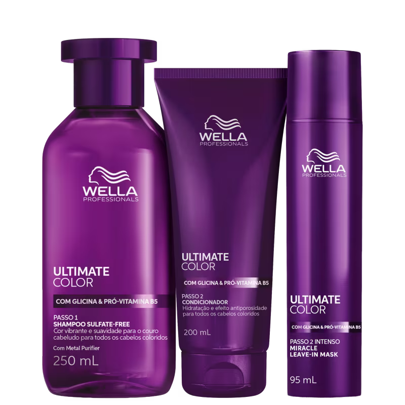 Produtos da linha Ultimate Color da Wella Professionals, incluindo shampoo sulfate-free, condicionador e máscara leave-in, em embalagens de plástico com predominância da cor roxa.