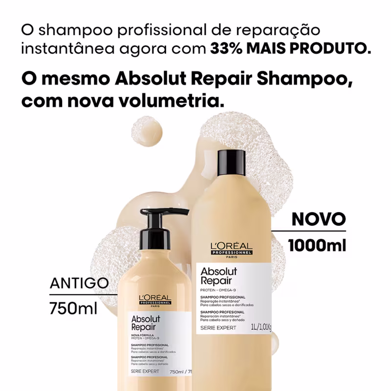 O shampoo profissional de reparação instantânea Absolut Repair da L'Oréal Professionnel, agora com 33% mais produto, em embalagens de 750ml e 1000ml.