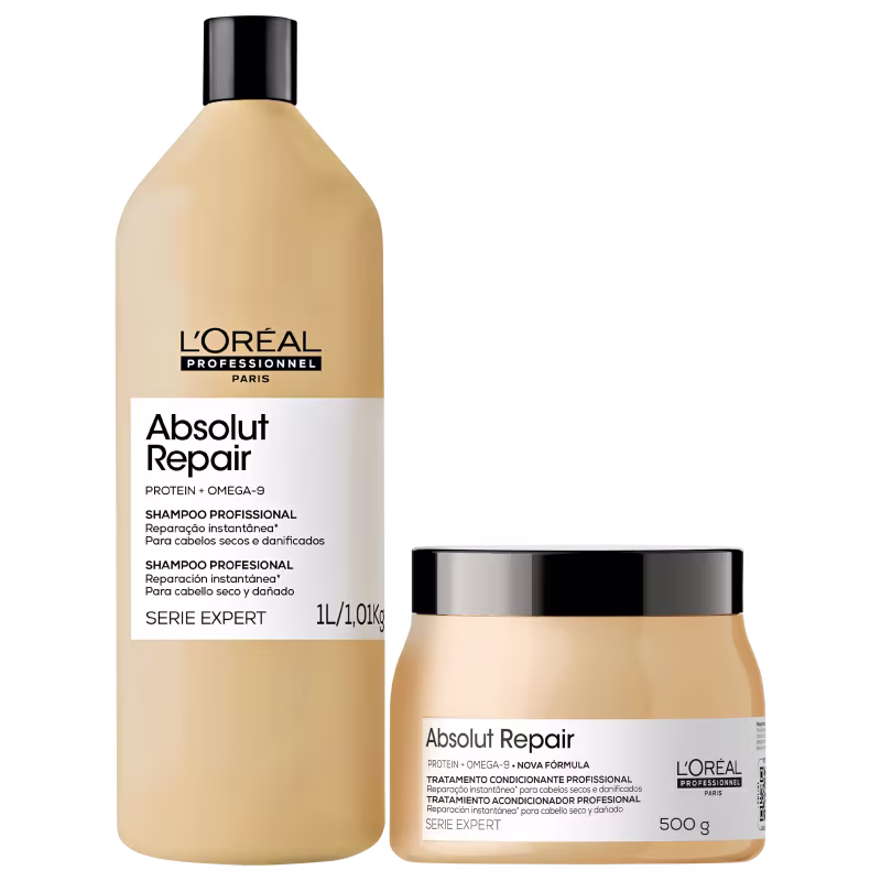 O produto de beleza da L'Oréal Professionnel é um conjunto de shampoo e tratamento condicionador da linha Absolut Repair, com embalagens em tons de amarelo e preto, contendo informações sobre os ingredientes e benefícios do produto.