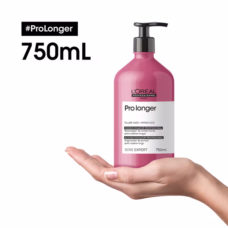 Frasco de condicionador profissional L'Oréal Professionnel Pro Longer de 750 ml, com embalagem rosa e preta, apresentando informações sobre o produto e a marca.
